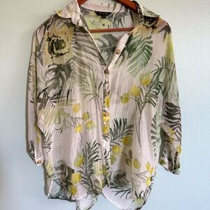 Massimo Dutti Green and Yellow Floral Button-Down Shirt